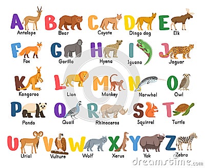 Alphabet with animals.Isolated capital letters with related animals, birds. Vector Illustration